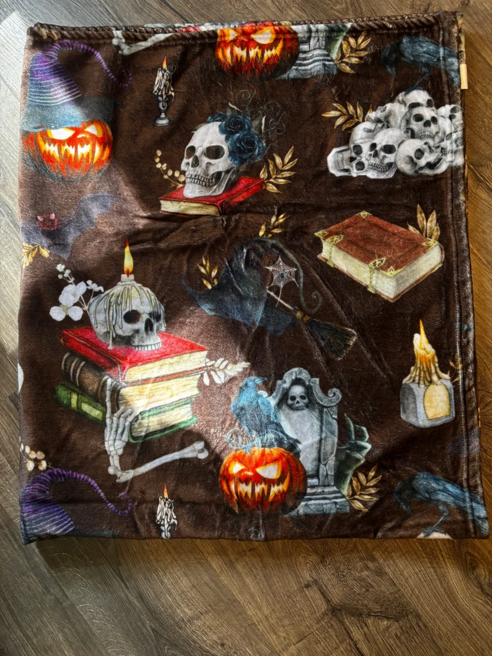 Halloween Plush Throw Blanket - Brown Pumpkin & Tombstone Design